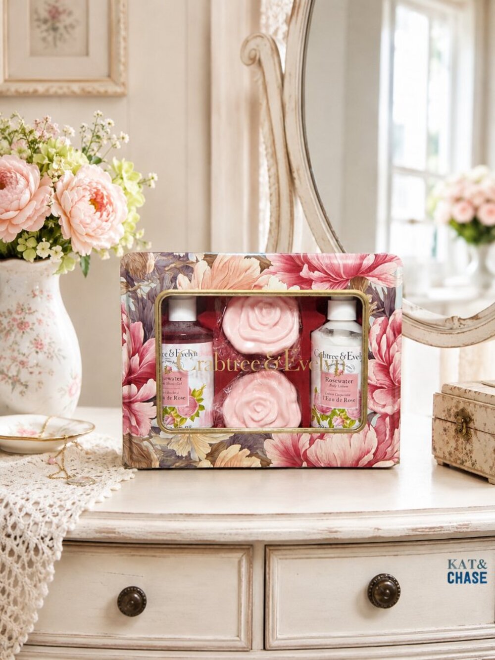 Crabtree & Evelyn Rosewater Tin Gift Set Body Lotion Shower Gel Rose Soap NEW